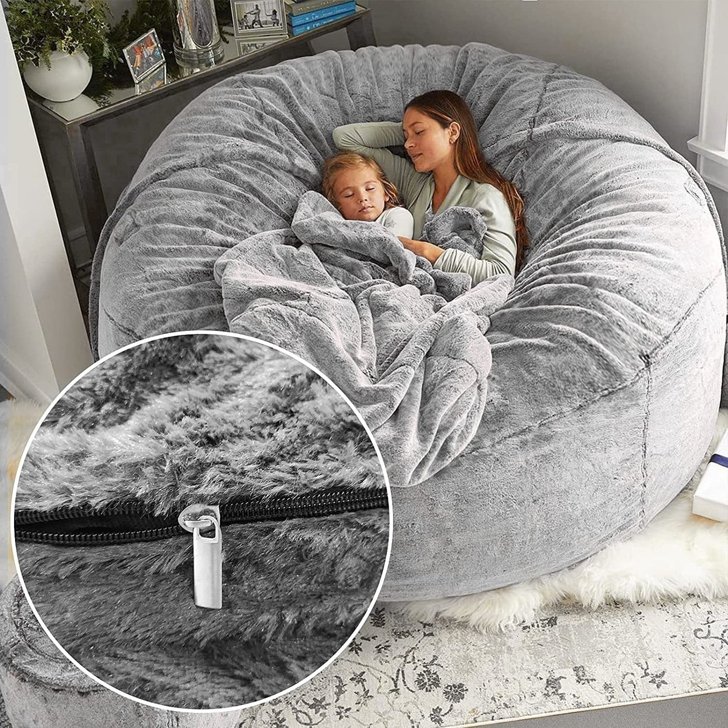 Bean Bag Chair Cover it Was Only A Cover, Not A Full Bean Bag Chair Cushion, Big Round Soft Fluffy PV Velvet Sofa Bed Cover, Living Room Furniture, Lazy Sofa Bed Cover, 5ft Snow Gray