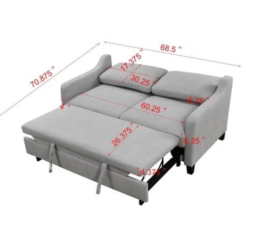 69 Inches 3-in-1 Convertible Queen Sofa Bed, Modern Fabric Double Sofa Bed With Pull-out Bed, Small Double Sofa With Reclining Backrest, Living Room Furniture, Light Grey