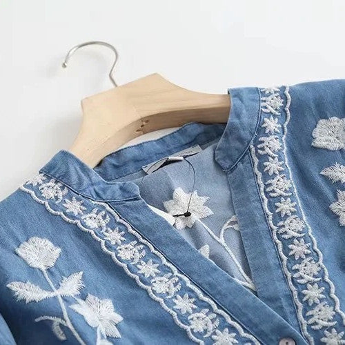 Embroidered V-neck Tencel Cotton Denim Shirt For Women