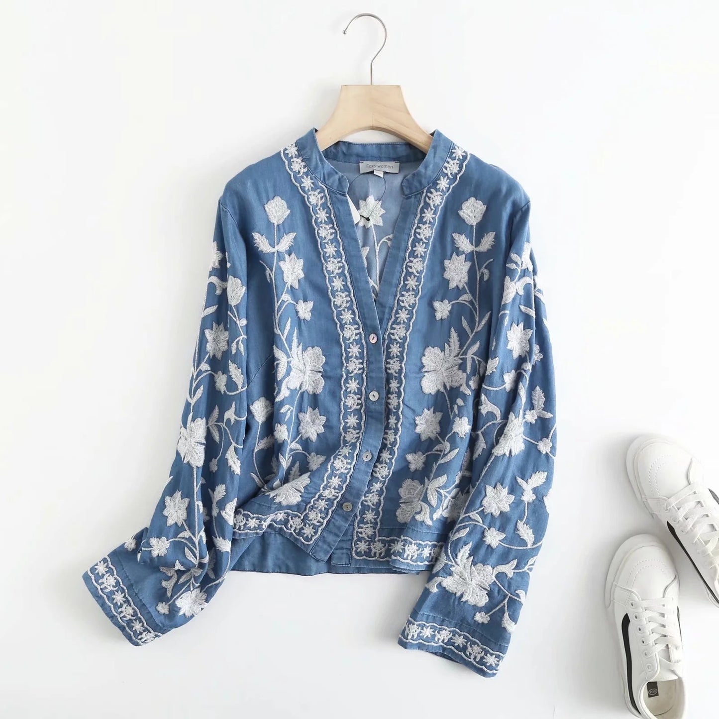 Embroidered V-neck Tencel Cotton Denim Shirt For Women