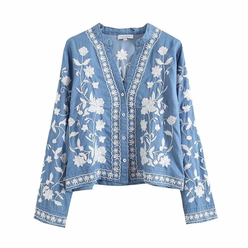 Embroidered V-neck Tencel Cotton Denim Shirt For Women